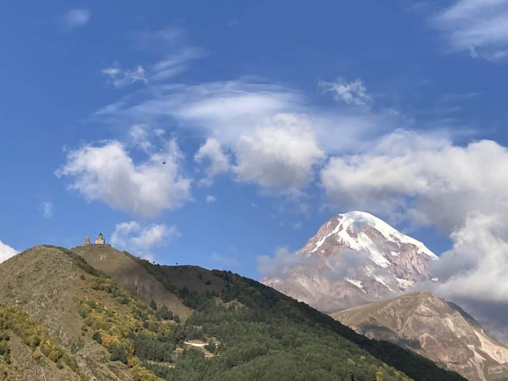 Georgia Kazbegi Gergeti church top on left